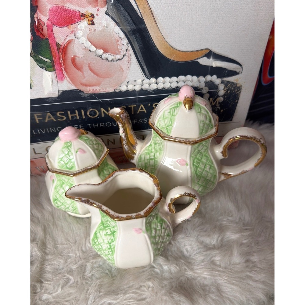 Vintage 1982 M Kennedy Ceramic Tea Set Green Lattice‎ Pink Floral Gold Trim 3pc